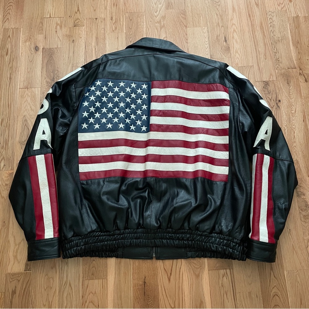 Vintage 90’s Lucky Leather Co American Flag USA Patriotic Motorcycle Jacket